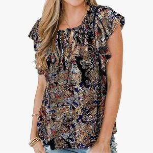 Floral Print Ruffle Sleeve Casual Boho VNeck Loose Fit Blouse Medium New